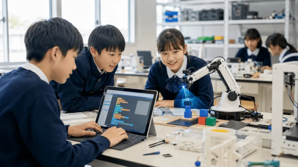 中学校で学ぶプログラミングとフィジカルAIのイメージ